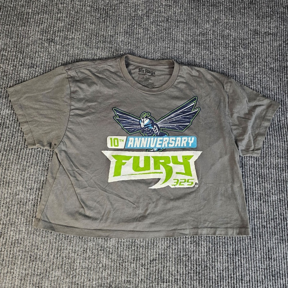 Six Flags Fury 325 Shirt Mens XL Gray 10th Anniversary Roller Coaster Tee